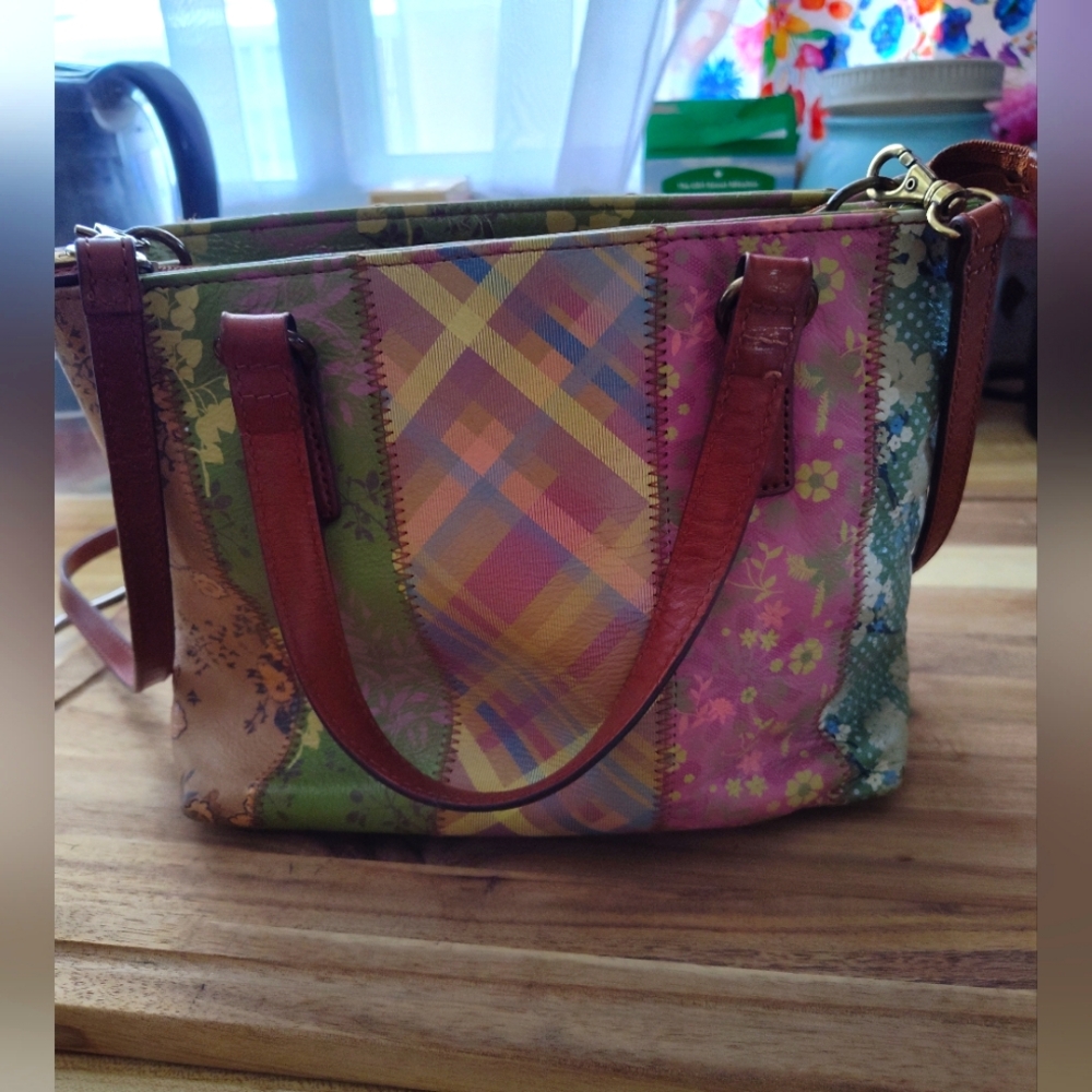 Fossil Floral Patchwork Style Midsize Handbag Double Handle Leather Acce…